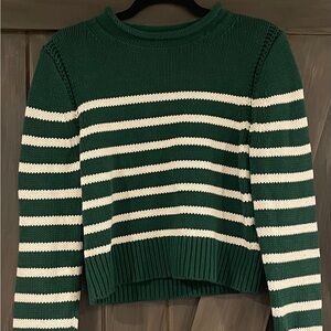 J. Crew 100% Cotton Pullover Sweater-Green/White stripe-M